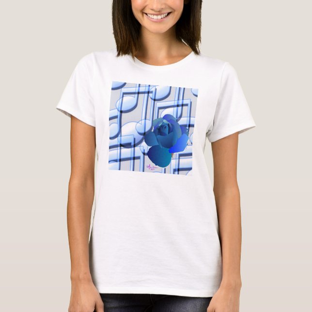 T-shirt Notes de Musique Bleue et Manches Longue Fleur Ros (Devant)