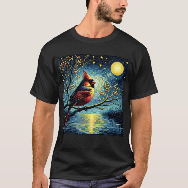 T-shirt Nuit étoilée Cardinal du Nord Van Gogh Oiseau Love (Devant)