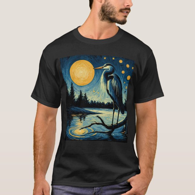 T-shirt Nuit étoilée Grand Héron Bleu Van Gogh Oiseau Amou (Devant)