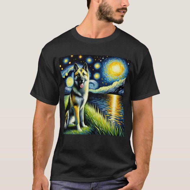 T-shirt Nuit étoilée Norvégienne Elkhound Dog Van Gogh Lov (Devant)
