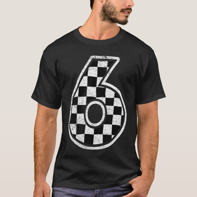 T-shirt Number 6 Checkered Flag Pit Crew Race 6th Birthday (Devant)