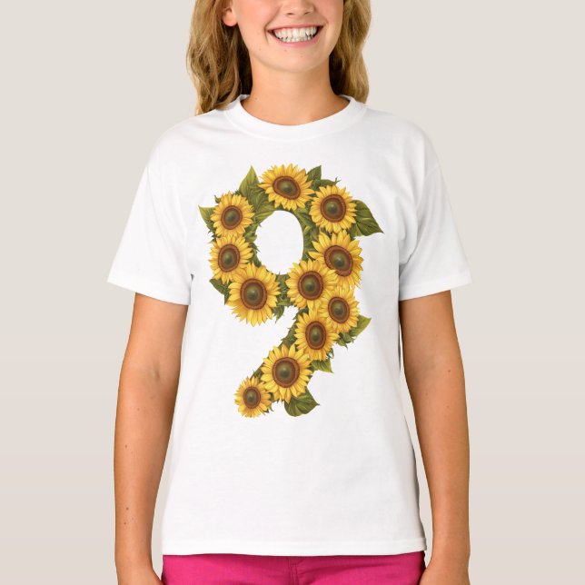 T-shirt Numéro 9 Thème Fleurs de soleil 9 ans Enfants Fill (Devant)