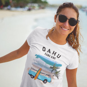 T-shirt Oahu Kamaaina Turquoise Planche de Surf Rétro Van