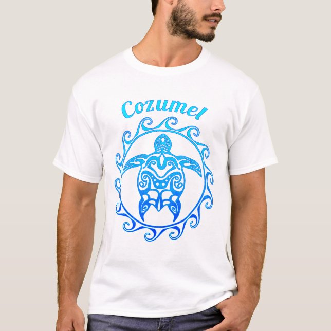 T-shirt Ocean Blue Tribal Turtle Cozumel (Devant)