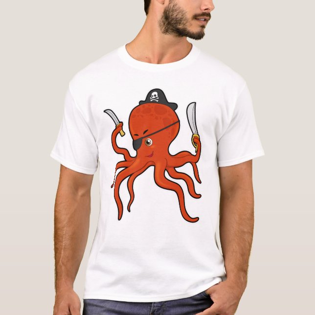 T-shirt Octopus comme Pirate avec épée et couteau (Devant)