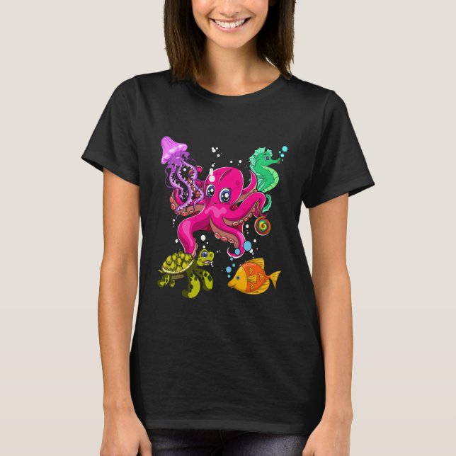 T-shirt Octopus Tortue de mer Jellyfish Squad Cute Anima (Devant)