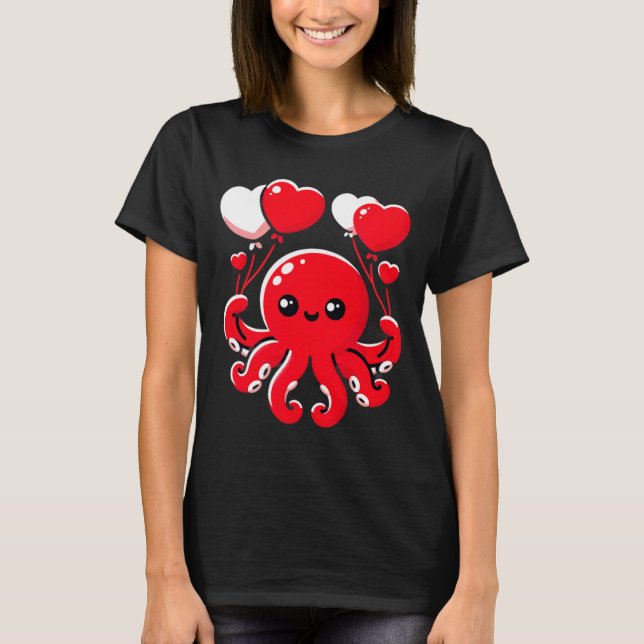 T-shirt Octopus With Heart Lloons Adorable Valentines Day  (Devant)