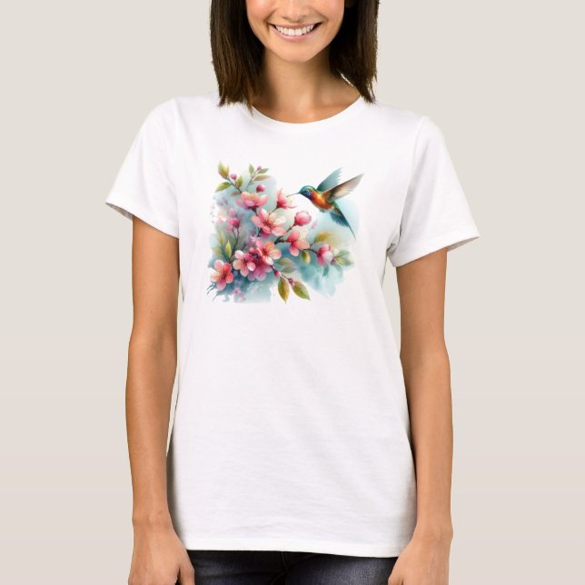 T-shirt OEuvre florale/printanière de colibri (Devant)