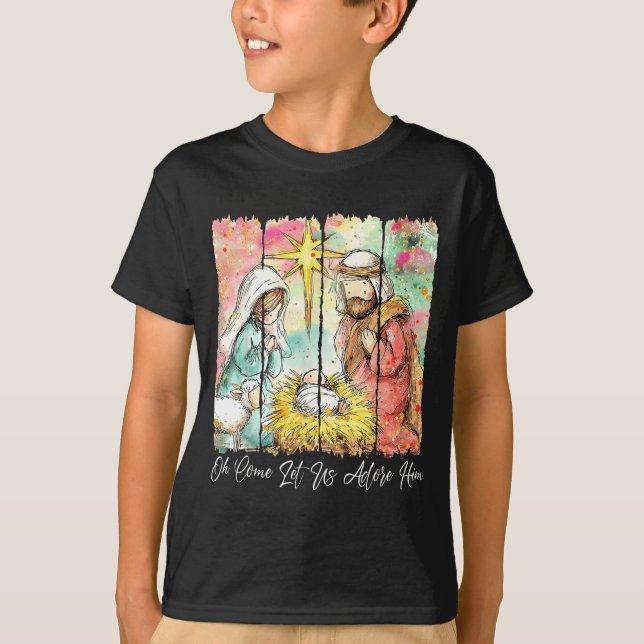 T-shirt Oh Come Let Us Adore Him Nativity Scene Christian  (Devant)