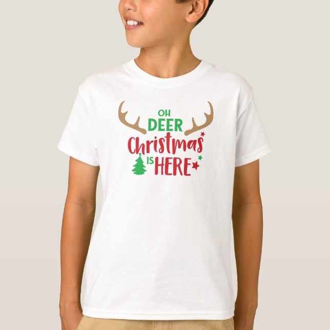T-shirt Oh Deer Christmas Is Here, Christmas Tree, Antlers (Devant)
