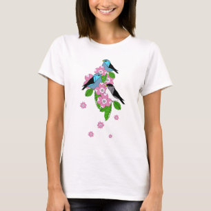 T-shirt Oiseau bleu, fleurs populaires printanières, avant