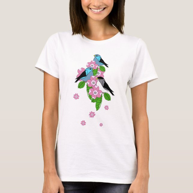T-shirt Oiseau bleu, fleurs populaires printanières, avant (Devant)