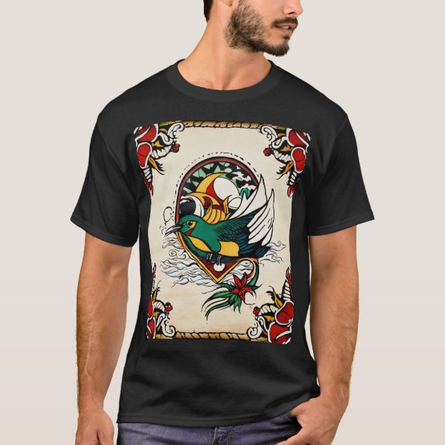 T-shirt Oiseau et Art Floral d'inspiration tatouée (Devant)