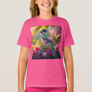 T-shirt Oiseau fantastique à ailes arc-en-ciel et crête bl