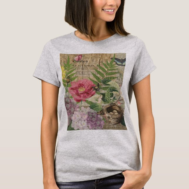 T-shirt Oiseau Nid Floral Jardin Fleur Papillon Art (Devant)