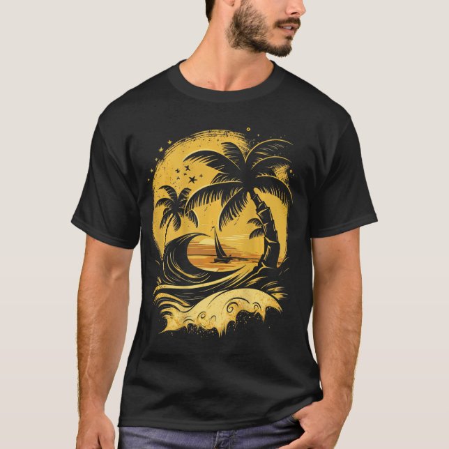T-shirt ON BACK Tropical Palm Trees Sailboat Beach Island  (Devant)