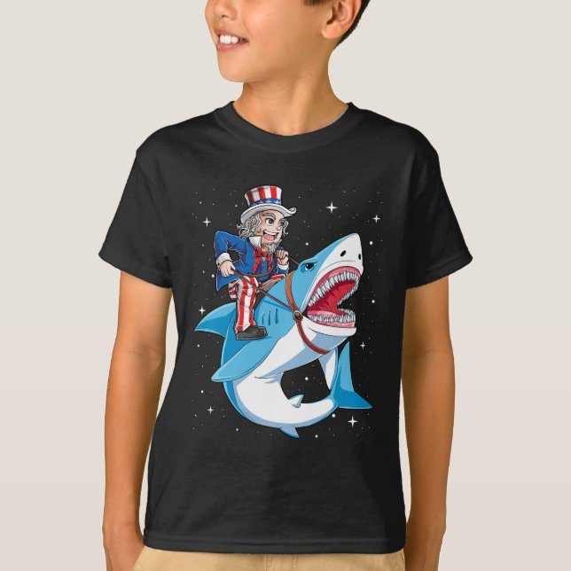 T-shirt Oncle Sam Riding Shark T Shirt 4 juillet Kids Bo (Devant)