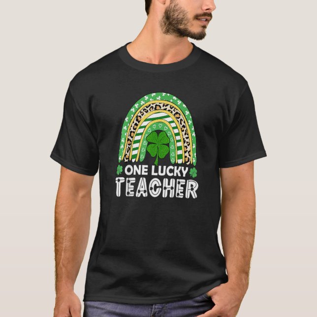 T-shirt One Lucky Teacher Rainbow Leopard St Patricku2019s (Devant)