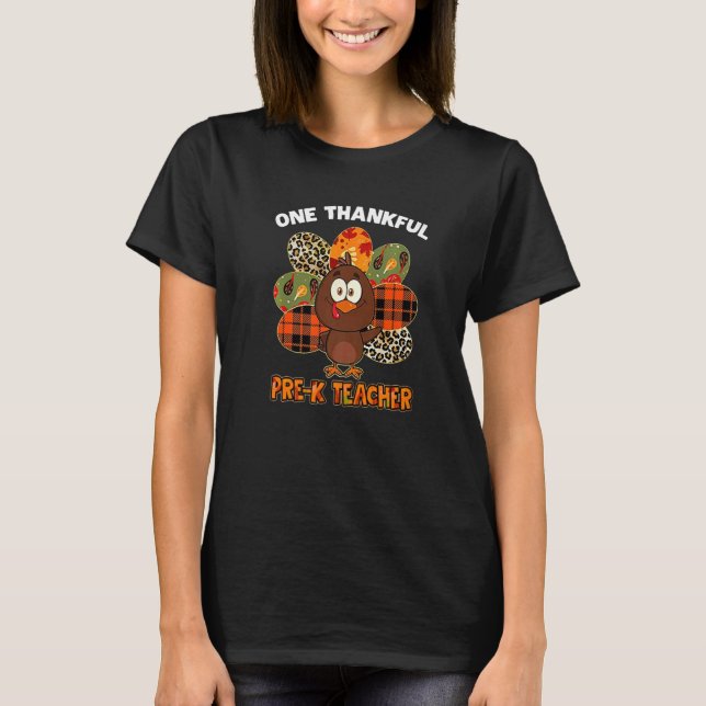 T-shirt One Thankful Pre K Teacher Turkey Leopard Fall Tha (Devant)