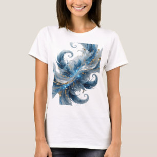 T-shirt Or BLU ARTISTIQUE PLUMES BLEUES ET PAILLAGE DORÉ