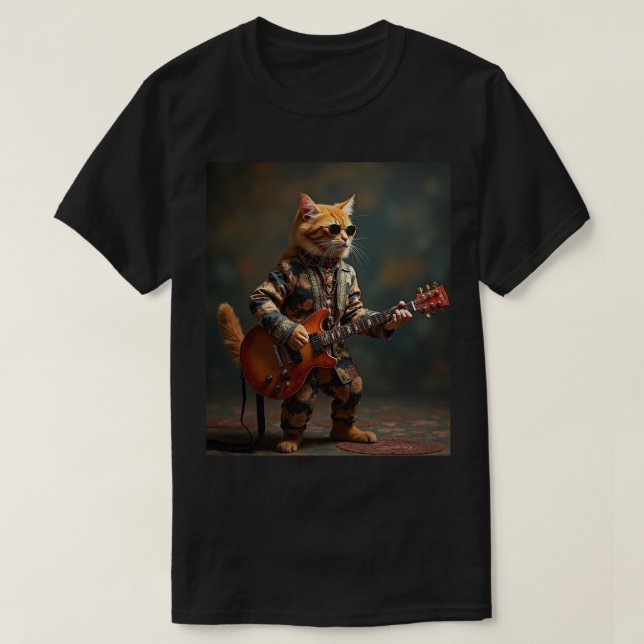 T-shirt Orange Cat Guitar Player (Design devant)