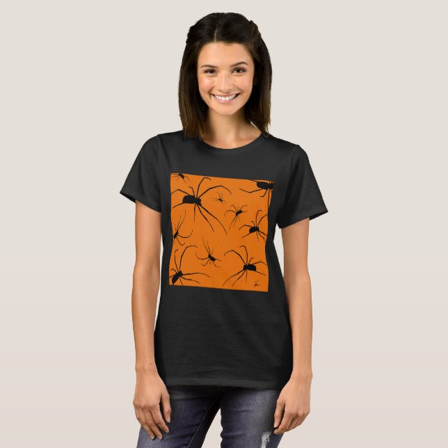 T-shirt Orange Halloween Araignées Motif, Black Spider T-S (Devant entier)