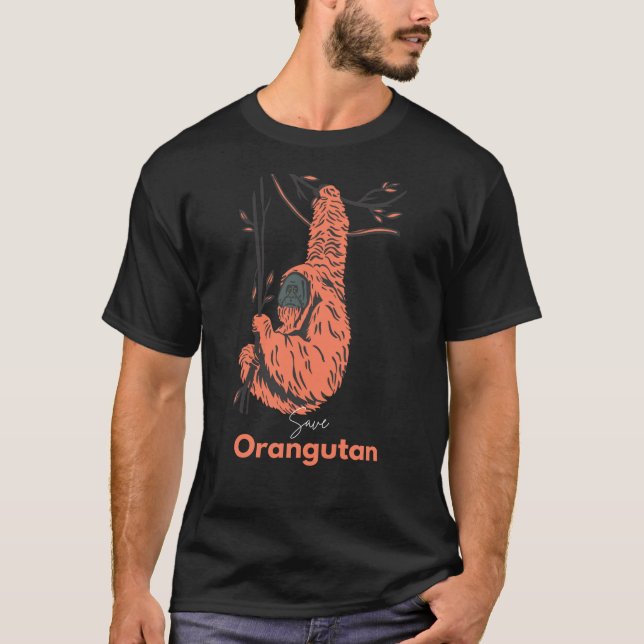 T-shirt Orange Noir Illustré Enregistrer Orangoutan  (Devant)