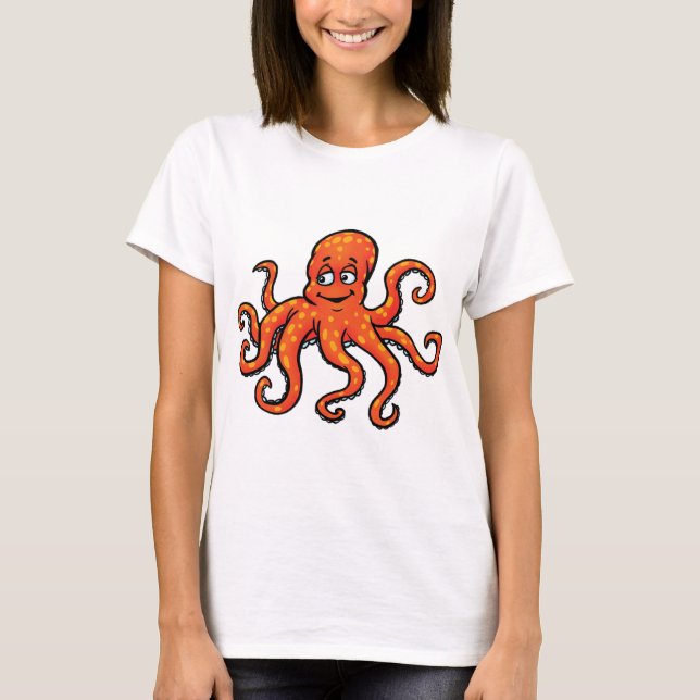 T-shirt Orange Octopus Cartoon Ocean Sea Creature (Devant)