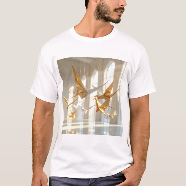 T-shirt Origami Flight – Suspended Paper Birds in Sunlit  (Devant)