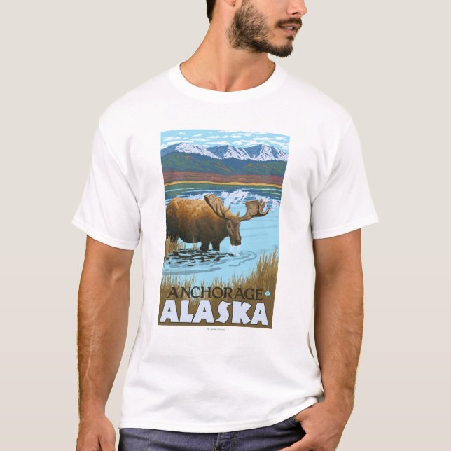 T-shirt Orignaux buvant au lac - Anchorage, Alaska (Devant)