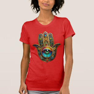 T-shirt Orné Hamsa Coloré Or Sur Fond Rouge Troisième Œil
