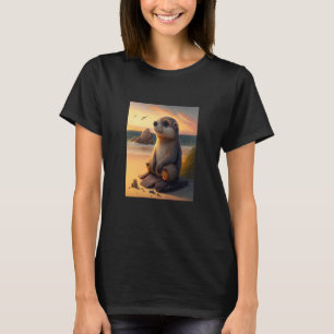 T-shirt Otter de mer Coucher de soleil rétro Cute Otter 1