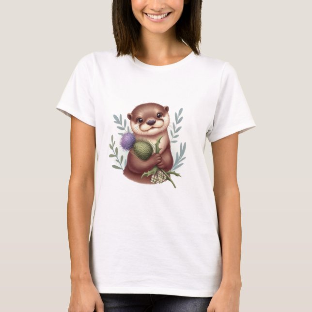 T-shirt Otter et chardon d'aquarelle adorable (Devant)