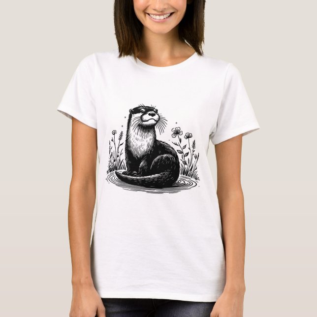 T-shirt Otter Line Art Nature Illustration (Devant)