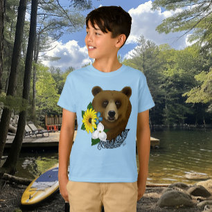 T-shirt Ours Brun Fleurs Bleues Plume Faune