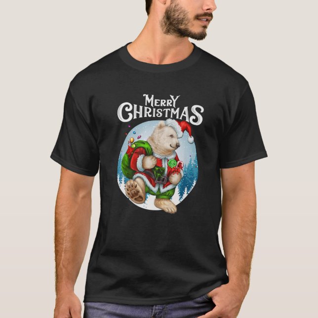 T-shirt Ours polaire de Noël mignon Rouge chapeau de Père  (Devant)