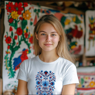 T-shirt Ouverture Wycinanki Lowicz en bleu et rouge