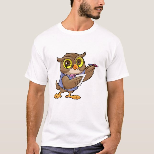 T-shirt Owl comme secrétaire avec stylo et note (Devant)