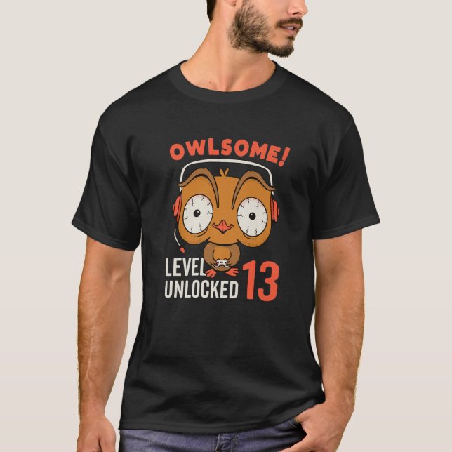 T-shirt Owlsome Owl Gaming Level 13 Unlocked 13Th Birthday (Devant)