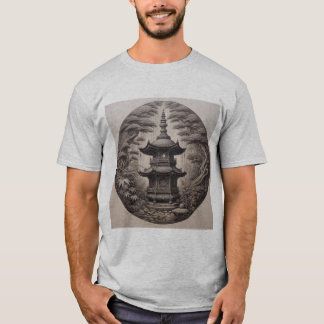 T-shirt Pagoda Asiática en Bosque Tropical en Ilustración 