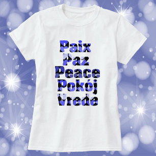 T-shirt Paix en plusieurs langues cœurs bleus