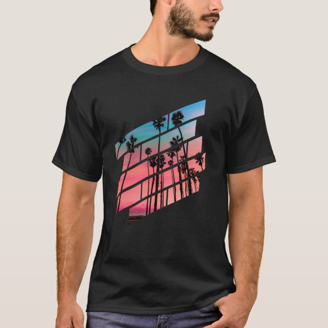 T-shirt Palmiers Coucher de soleil en lignes diagonales De (Devant)