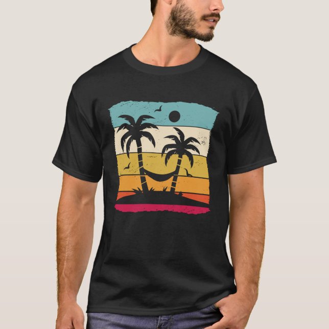 T-shirt Palmiers rétro avec hamac tropical vacances plage (Devant)