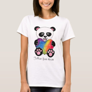 T-shirt Panda Aquarelle Cute Avec Coeur Arc En Ciel