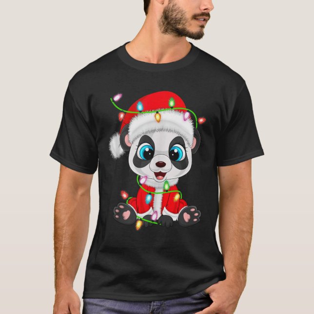 T-shirt Panda Christmas Lights Santa Costume Cute Animal X (Devant)
