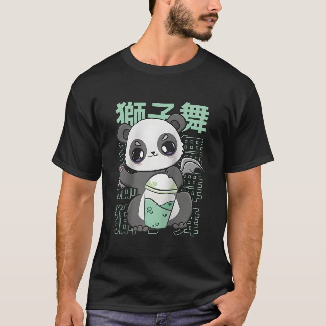 T-shirt Panda Drinking Bubble Milk Tea Mochi Animals Kanji (Devant)