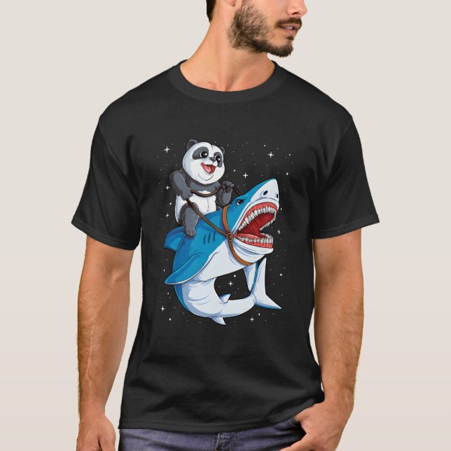 T-shirt Panda Riding Shark Space Galaxy Jawsome (Devant)