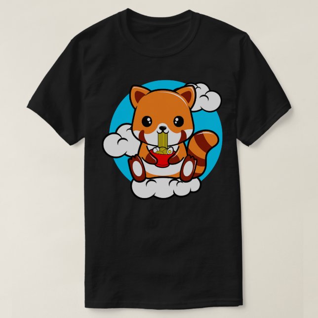 T-shirt Panda Rouge Assis Sur Le Nuage Et Manger Ramen (Design devant)