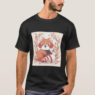 T-shirt Panda Rouge Et Fleur De Cerise Doodle Sweet Illust