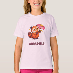 T-shirt Panda roux mignon avec fleur 